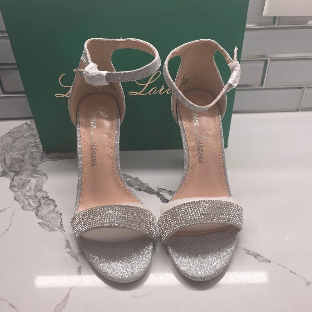 Lauren Lorraine Shimmer Womens Silver Wedge Sandals Rhinestone Ankle Strap Heels